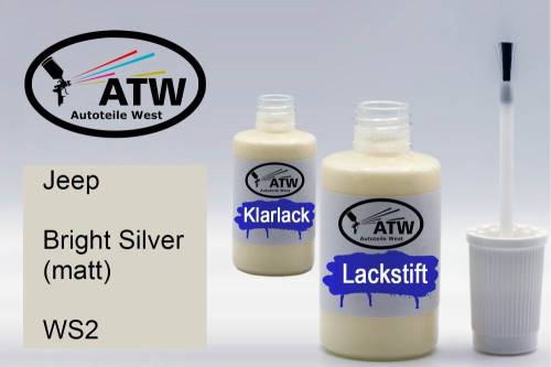 Jeep, Bright Silver (matt), WS2: 20ml Lackstift + 20ml Klarlack - Set, von ATW Autoteile West.